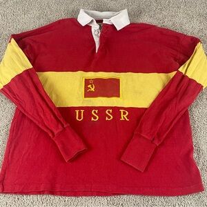 Vintage Dehen USSR Rugby Shirt Mens 2XL Red Heavy Cotton Embroidered  T362